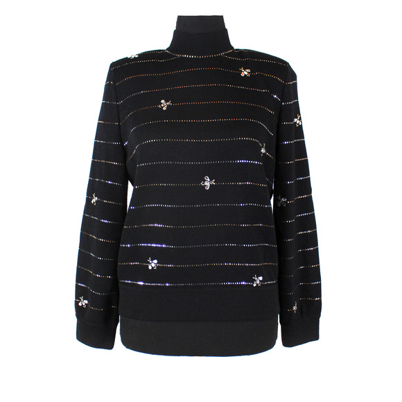St. John Evening Embellished Sweater Black Rib Knit Rhinestone Bee Paillette P - Picture 1 of 7